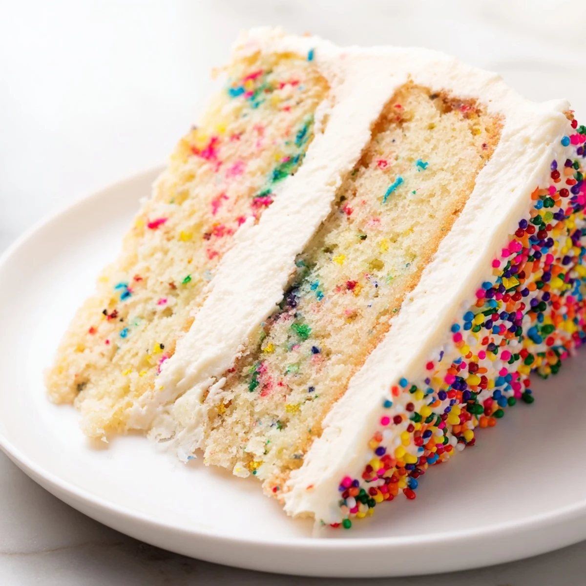 Square slice of big batch confetti cake showcasing rainbow sprinkles and creamy vanilla buttercream