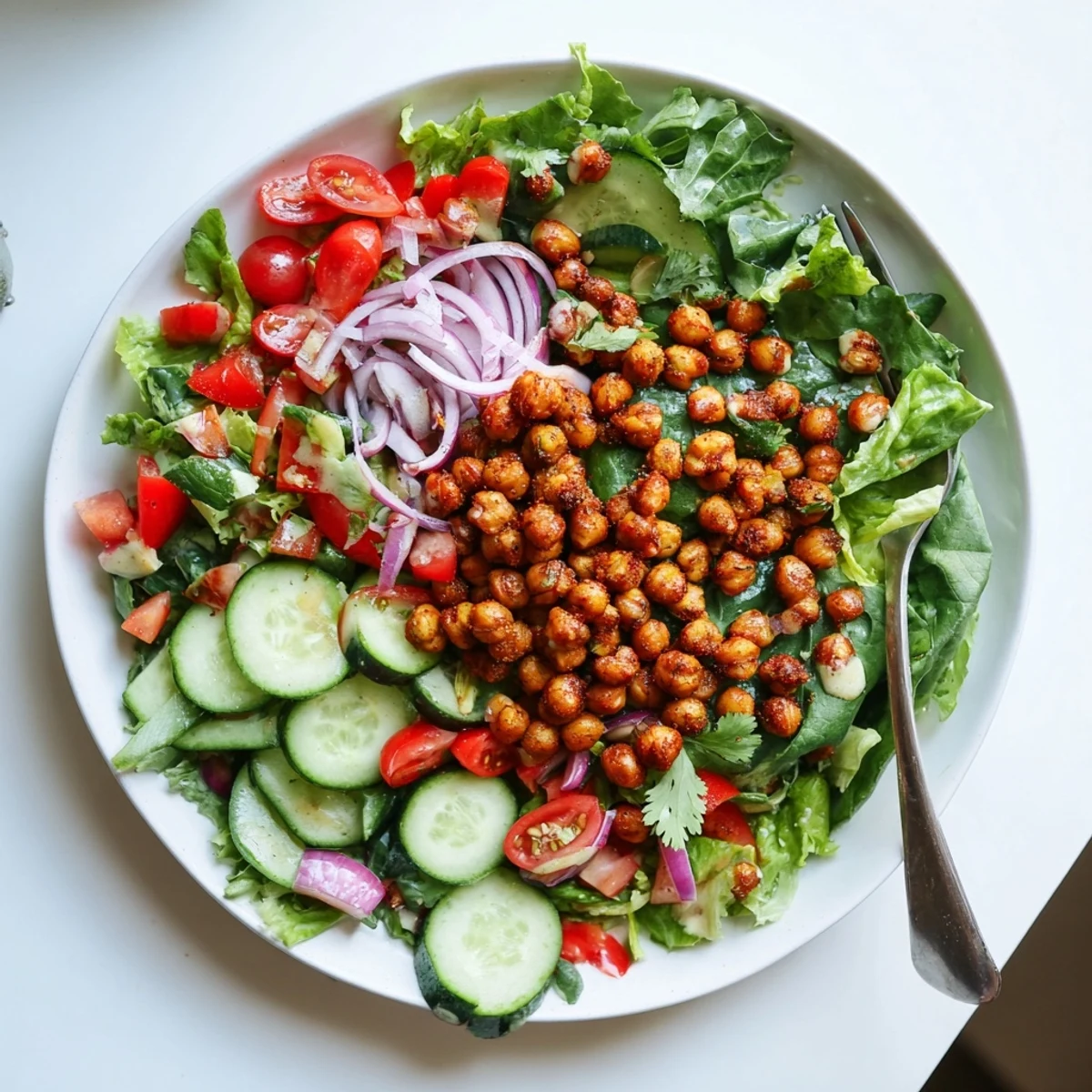 Colorful crispy chili lime chickpea salad with roasted spiced chickpeas over fresh mixed greens