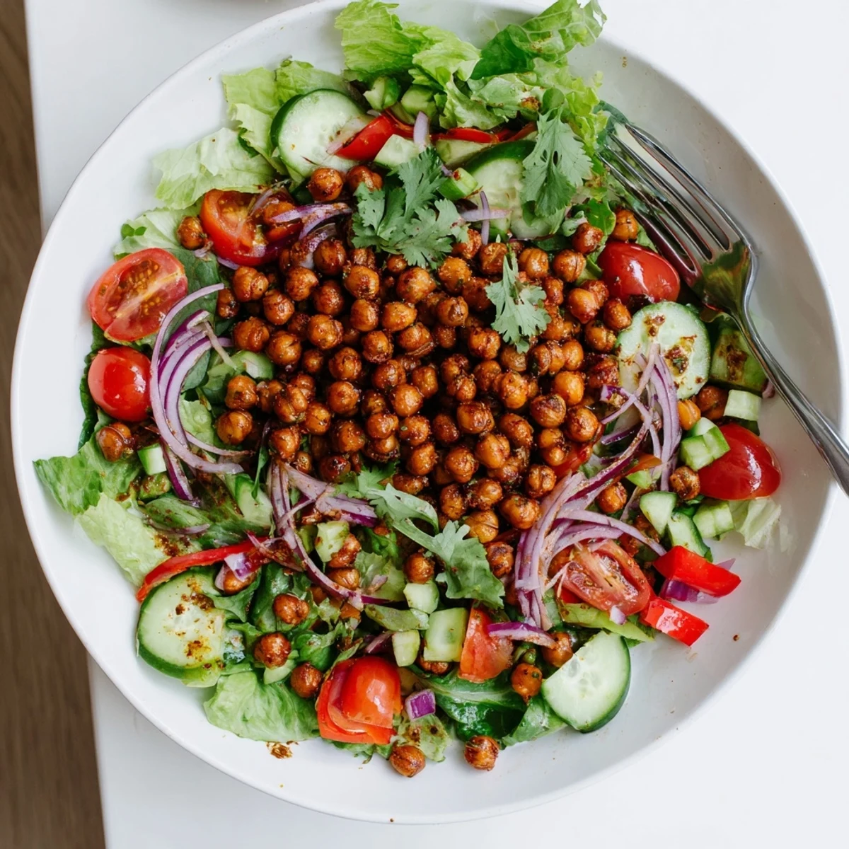 Vibrant salad bowl featuring golden roasted chickpeas with cherry tomatoes cucumber and tangy lime dressing