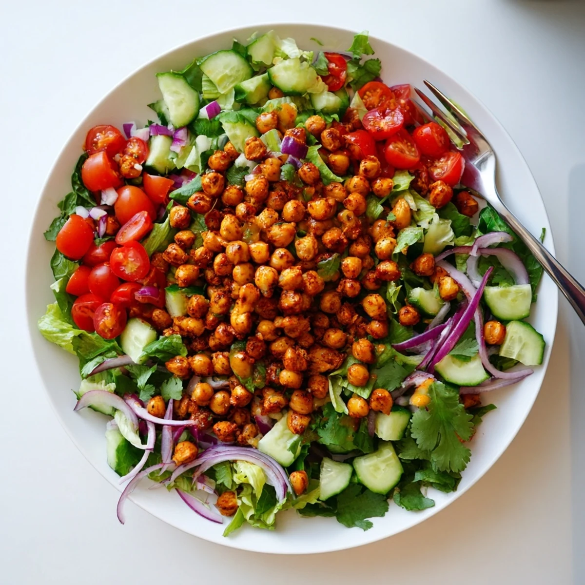 Fresh zesty chickpea salad topped with crispy chili spiced legumes and colorful crunchy vegetables