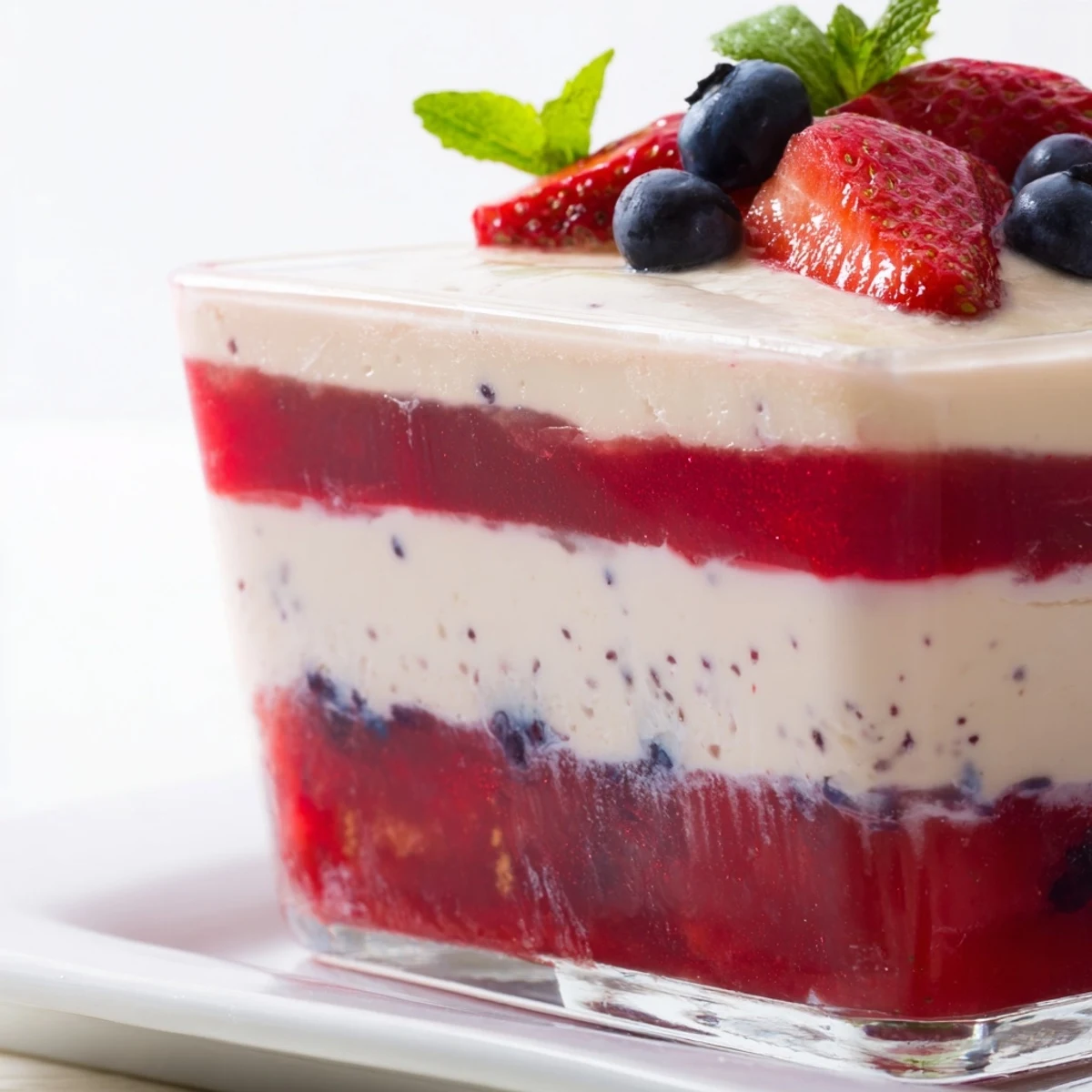Glass serving dish showing layered vanilla mousse berry jello dessert with vibrant red berry bottom and creamy white top garnished with fresh mint leaves