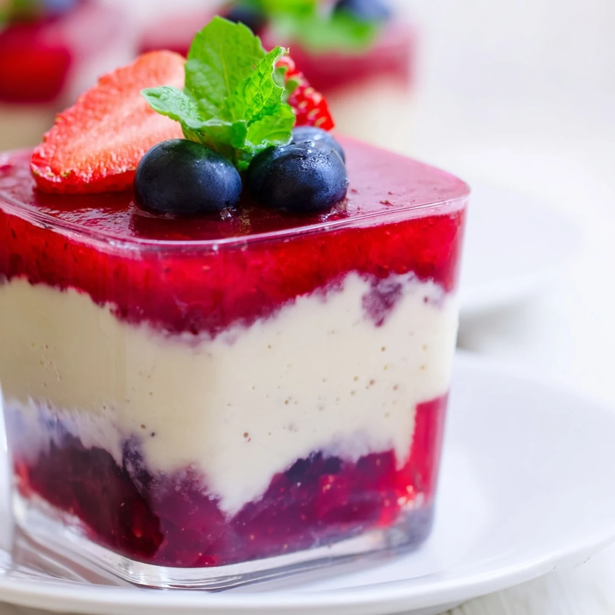 Summer dessert featuring alternating stripes of smooth vanilla mousse and bright berry jello topped with plump fresh strawberries and raspberries