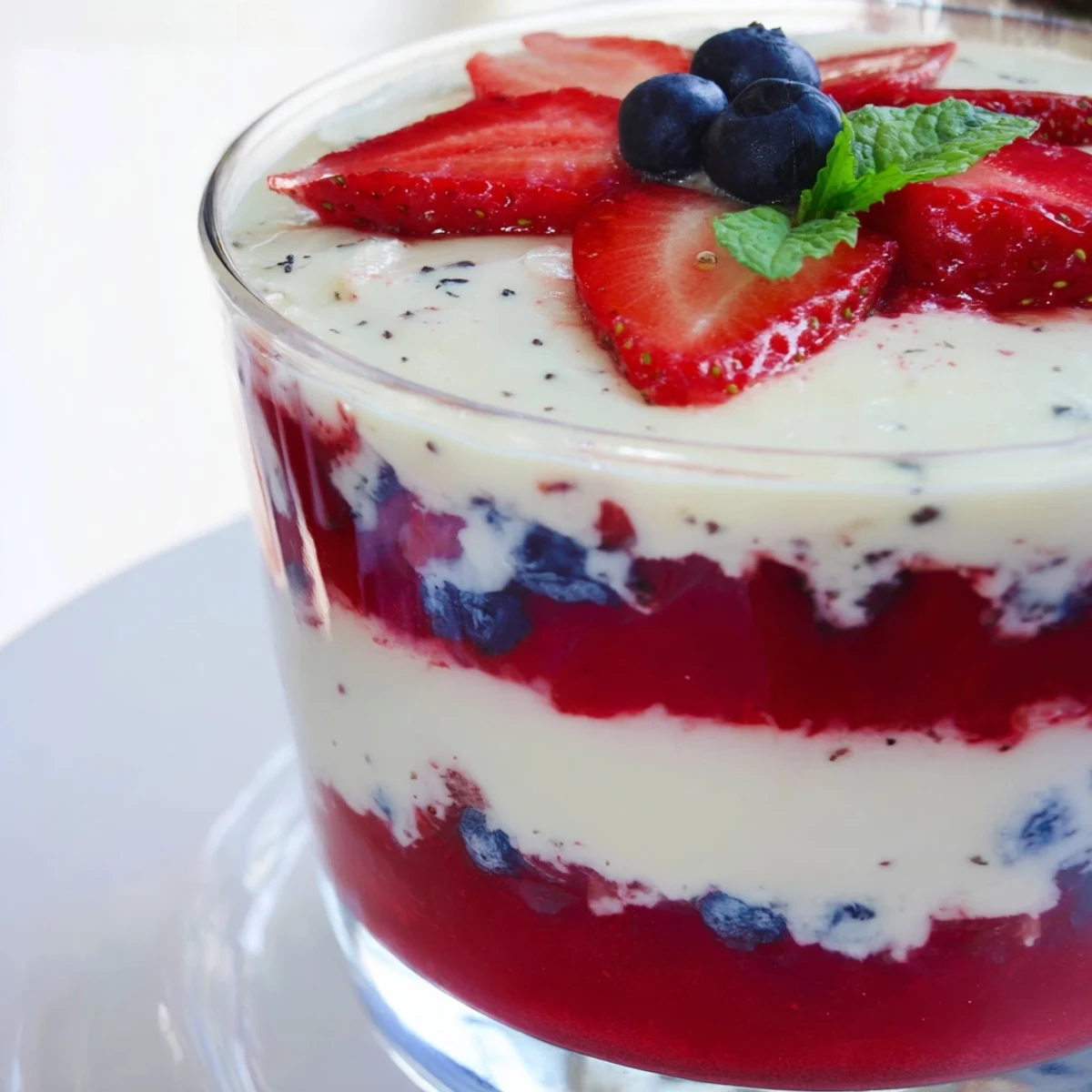Elegant layered vanilla mousse berry jello in clear glass bowl showcasing the beautiful contrast between fluffy cream and jewel-toned fruit gelatin