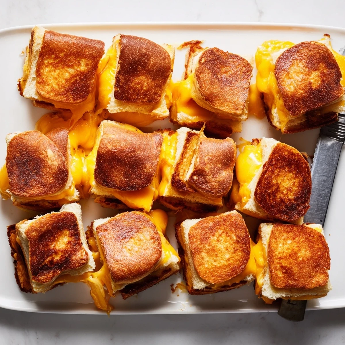 Golden brown mini grilled cheese Hawaiian rolls with melted cheddar on a baking sheet