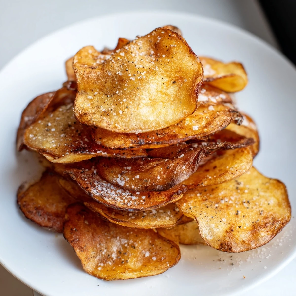 Hand-sliced russet potato chips frying until perfectly golden and irresistibly crunchy