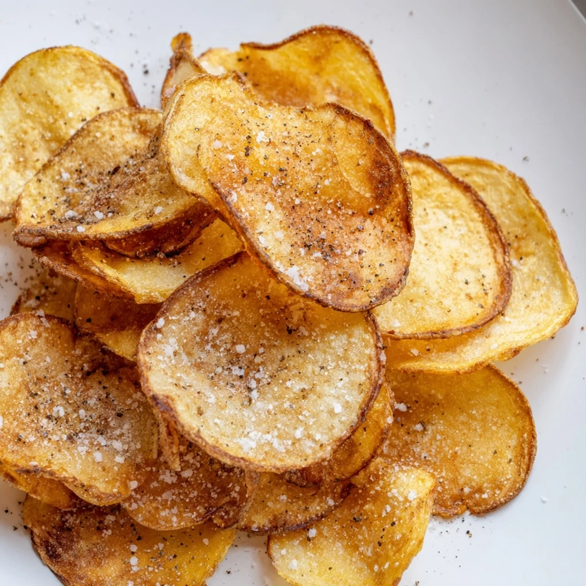 Golden homemade crispy potato chips piled high with a dusting of sea salt