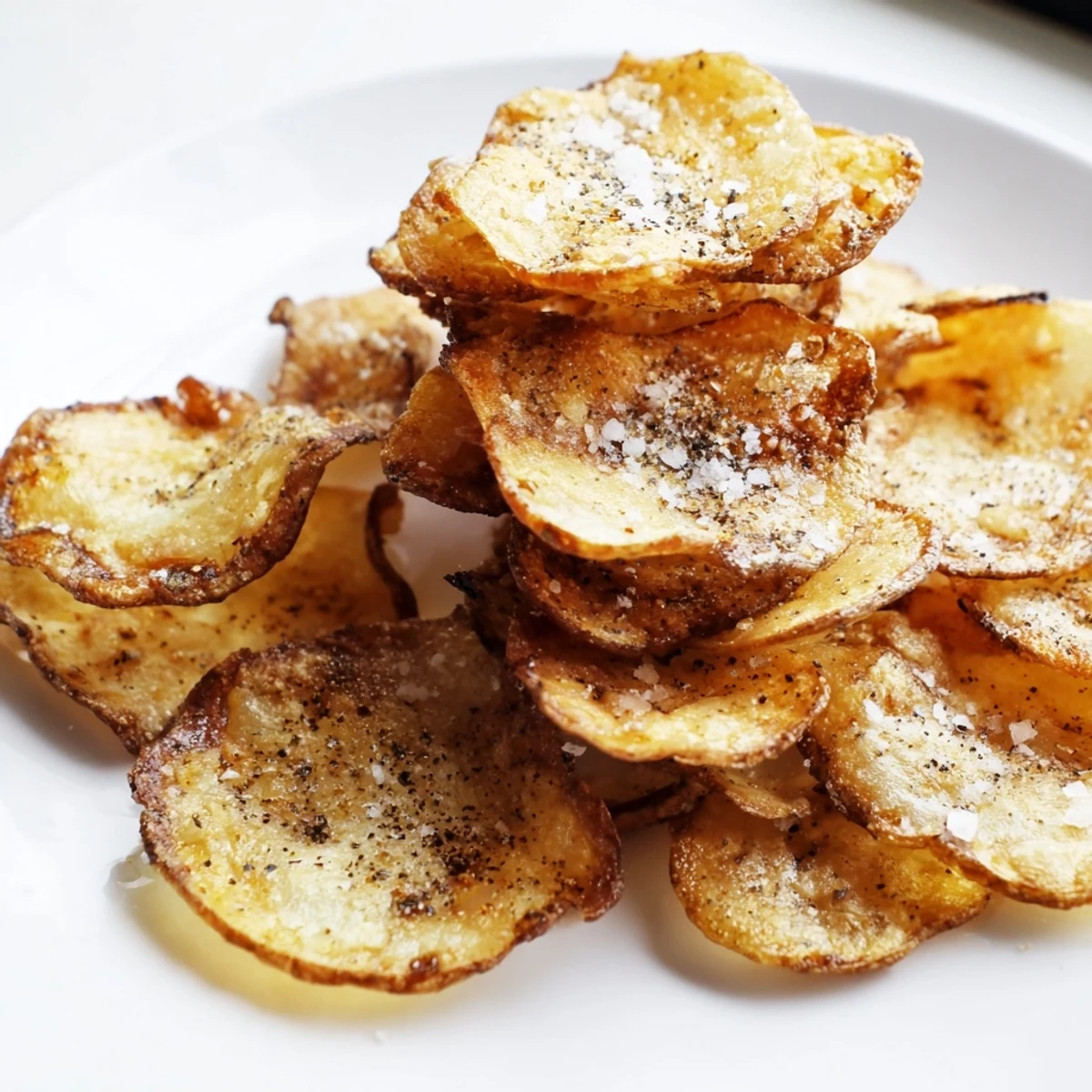Bowl of crispy homemade potato chips seasoned with black pepper and sea salt