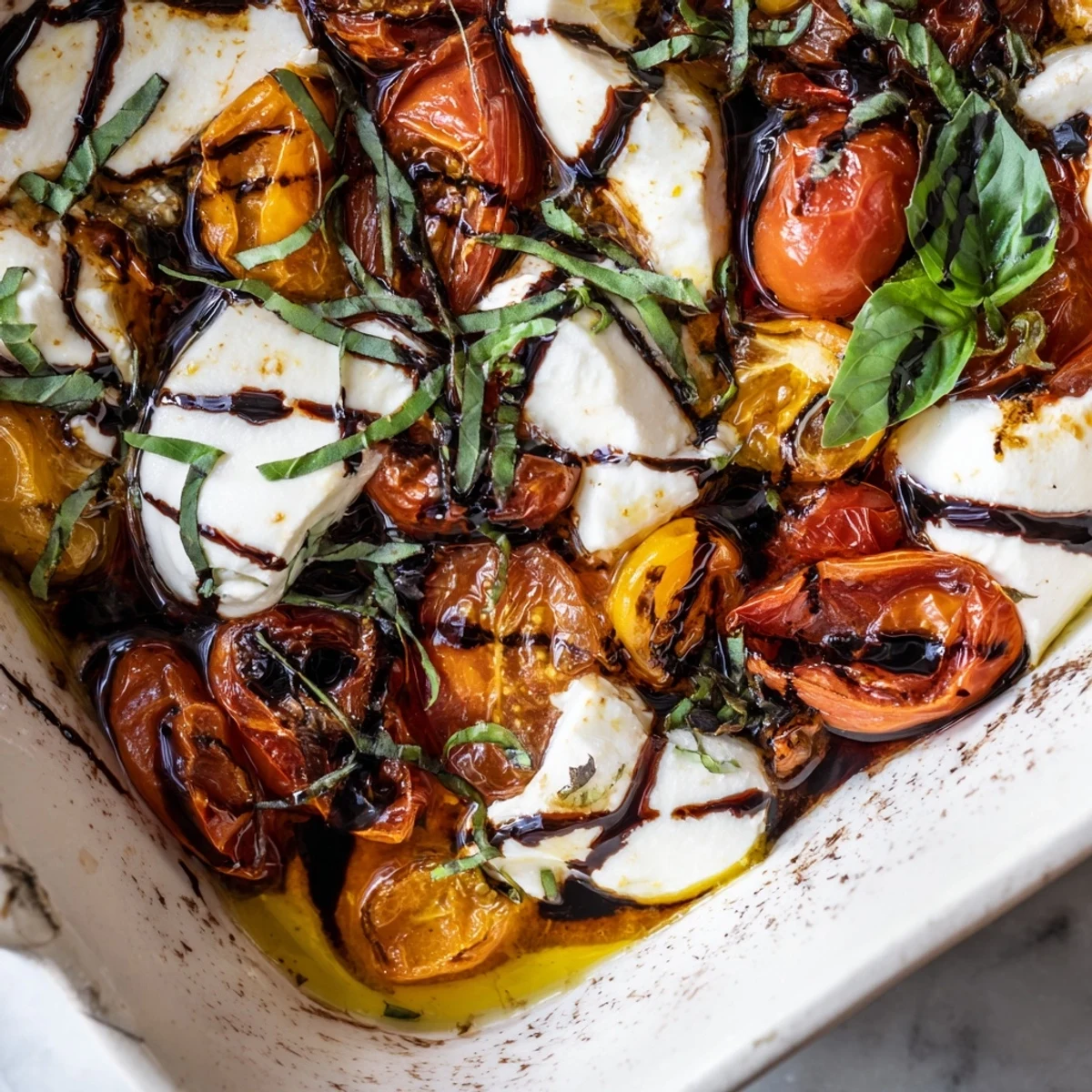 Warm Italian appetizer featuring sweet blistered tomatoes nestled next to soft burrata chunks