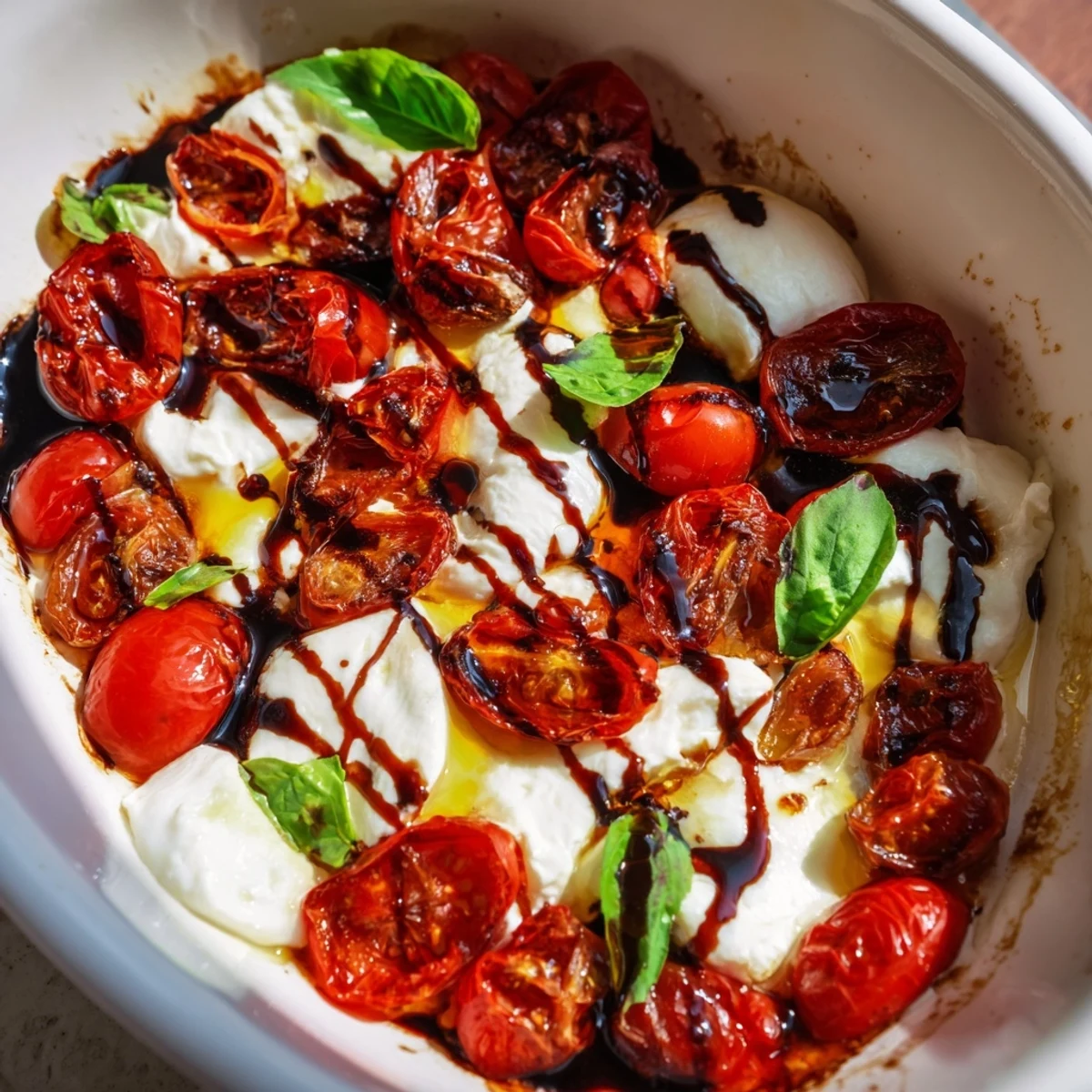 Golden roasted tomato burrata dip with creamy melted cheese and fresh basil garnish