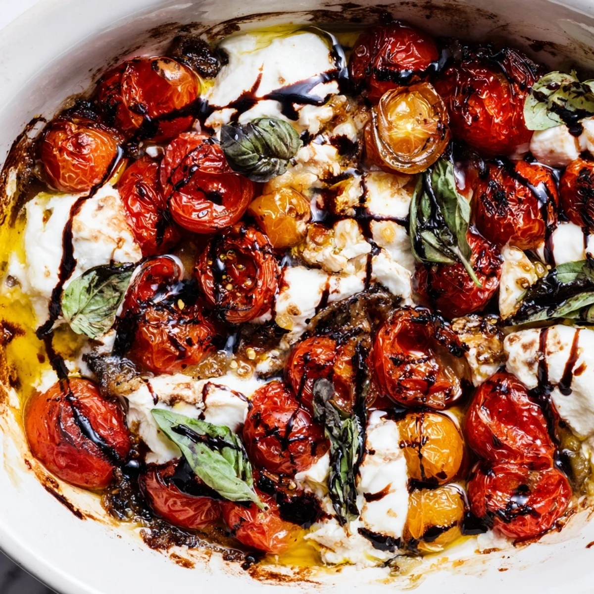 Rustic roasted tomato and burrata cheese dip drizzled with balsamic glaze on wooden board