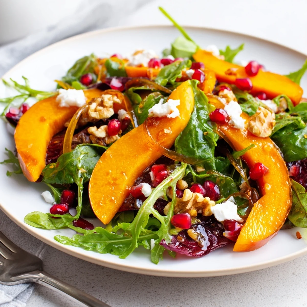 Fresh persimmon salad with apple cider vinaigrette showcasing vibrant orange slices, peppery arugula, and crumbled goat cheese on a white serving plate