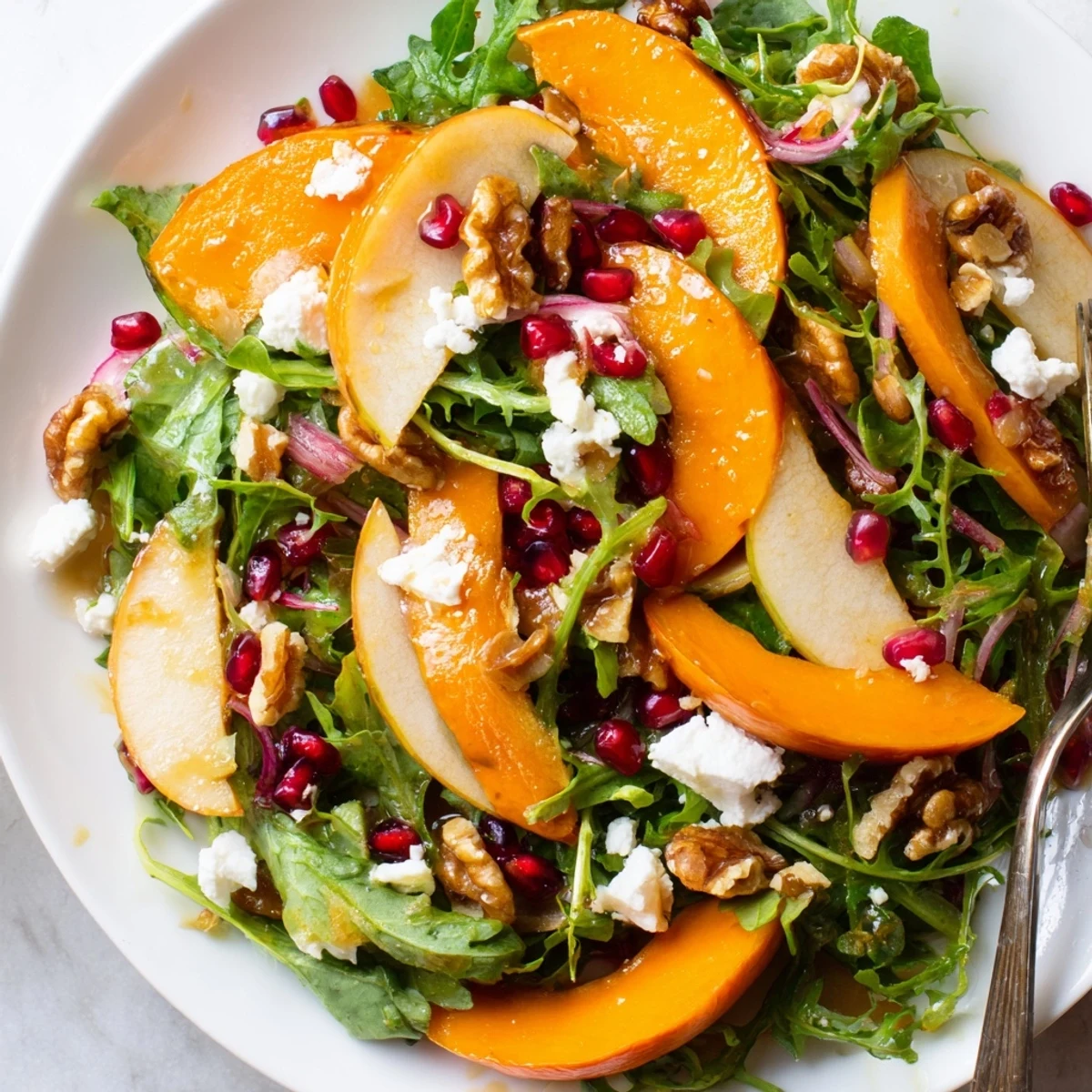 Golden persimmon salad with apple cider vinaigrette arranged with fennel, toasted walnuts, and creamy goat cheese atop fresh baby spinach and arugula