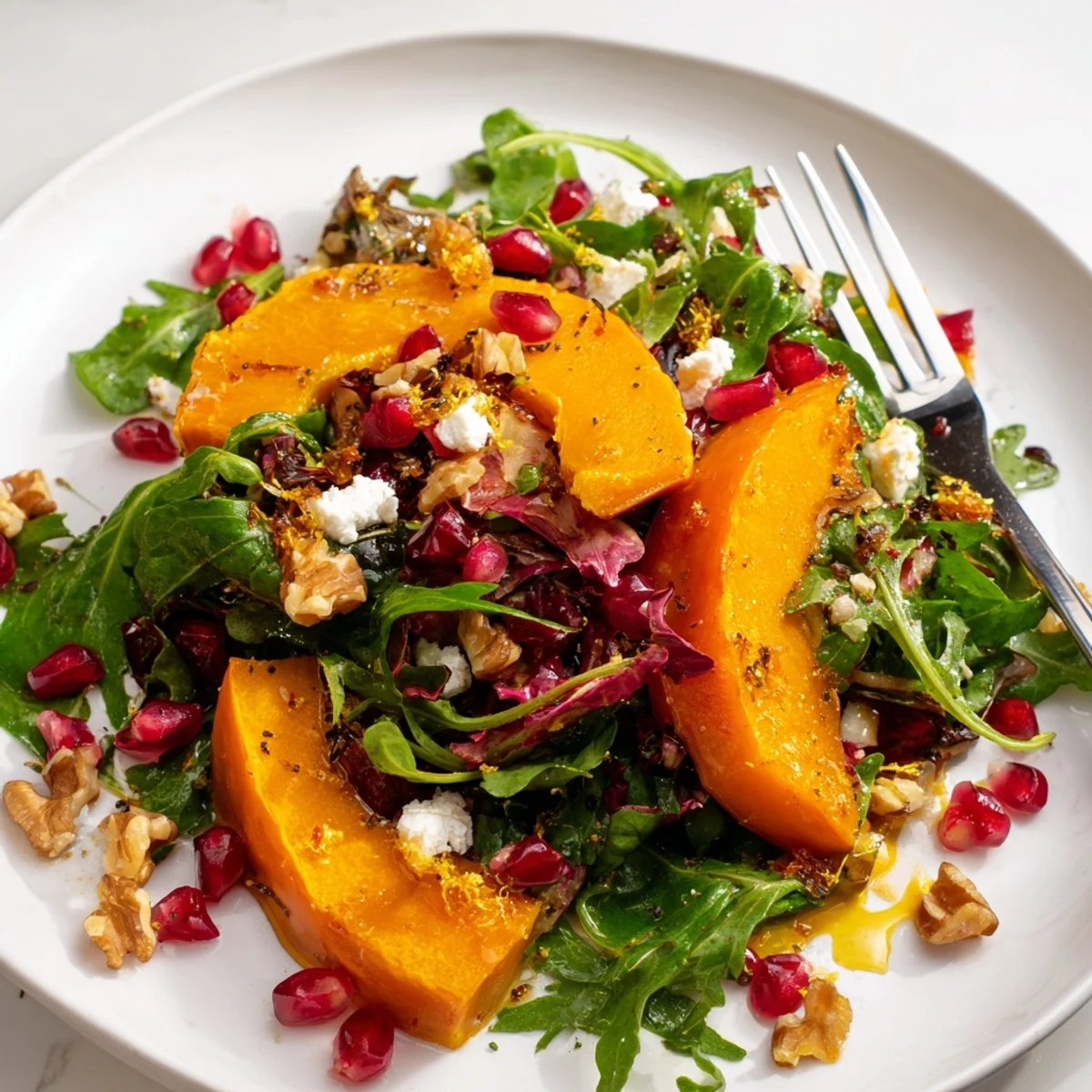 Colorful bowl of persimmon salad with apple cider vinaigrette dotted with ruby pomegranate seeds, crunchy walnuts, and tender mixed greens for a seasonal lunch