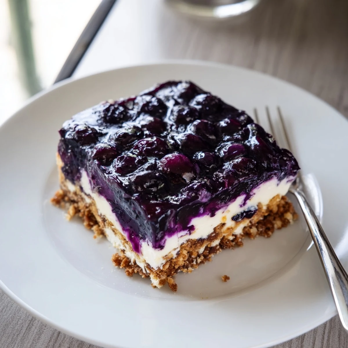 Sliced square of festive blueberry jamboree showcasing three layers of golden pecan crust, creamy cheesecake filling, and glossy purple blueberry topping on a white dessert plate.