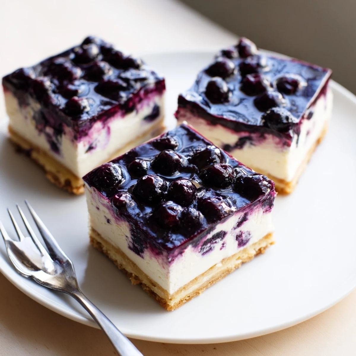 Garnished slice of sweet and tangy blueberry jamboree dessert revealing the buttery pecan crust base and smooth cream cheese layer beneath vibrant berry compote.