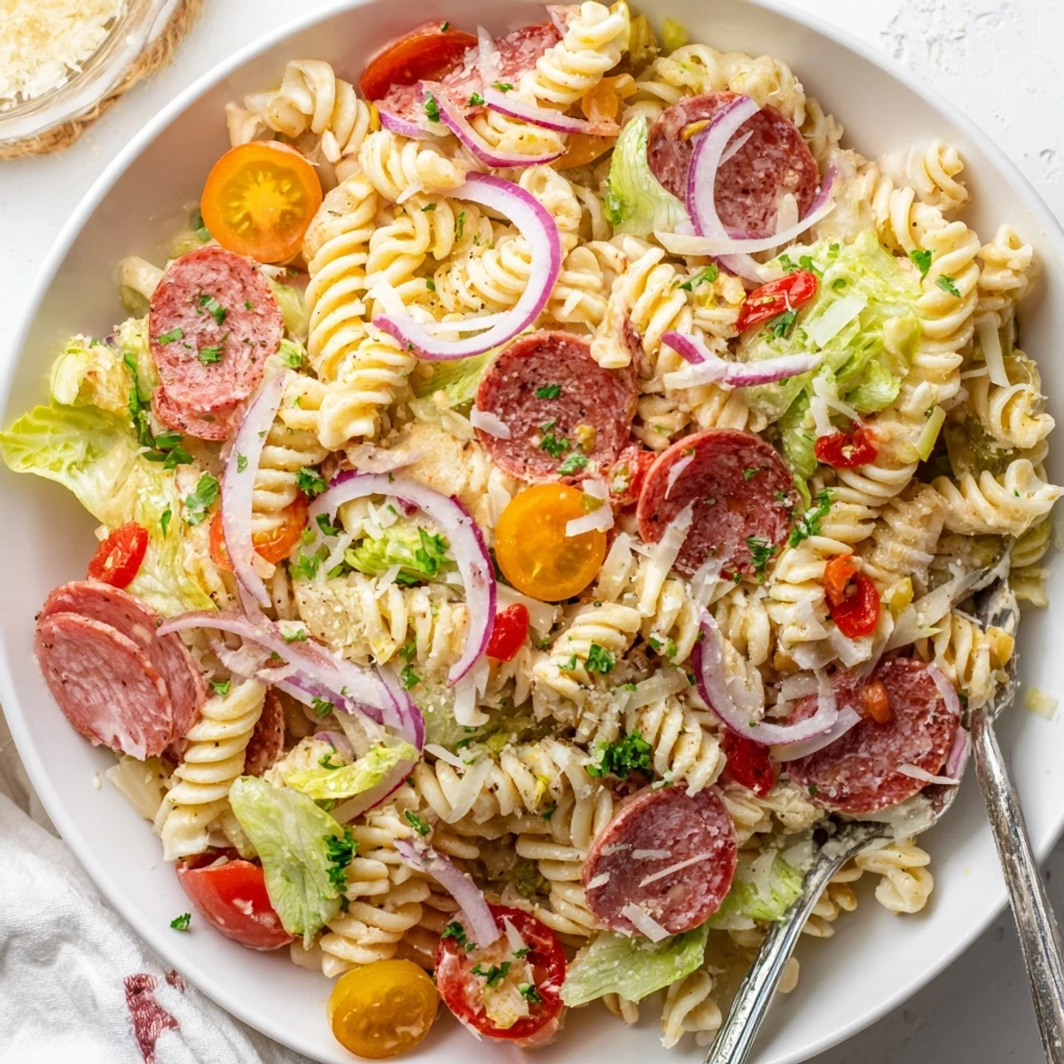 Hearty Italian Grinder Pasta Salad featuring rotini pasta tossed with cured meats, provolone, cherry tomatoes, and tangy pepperoncini