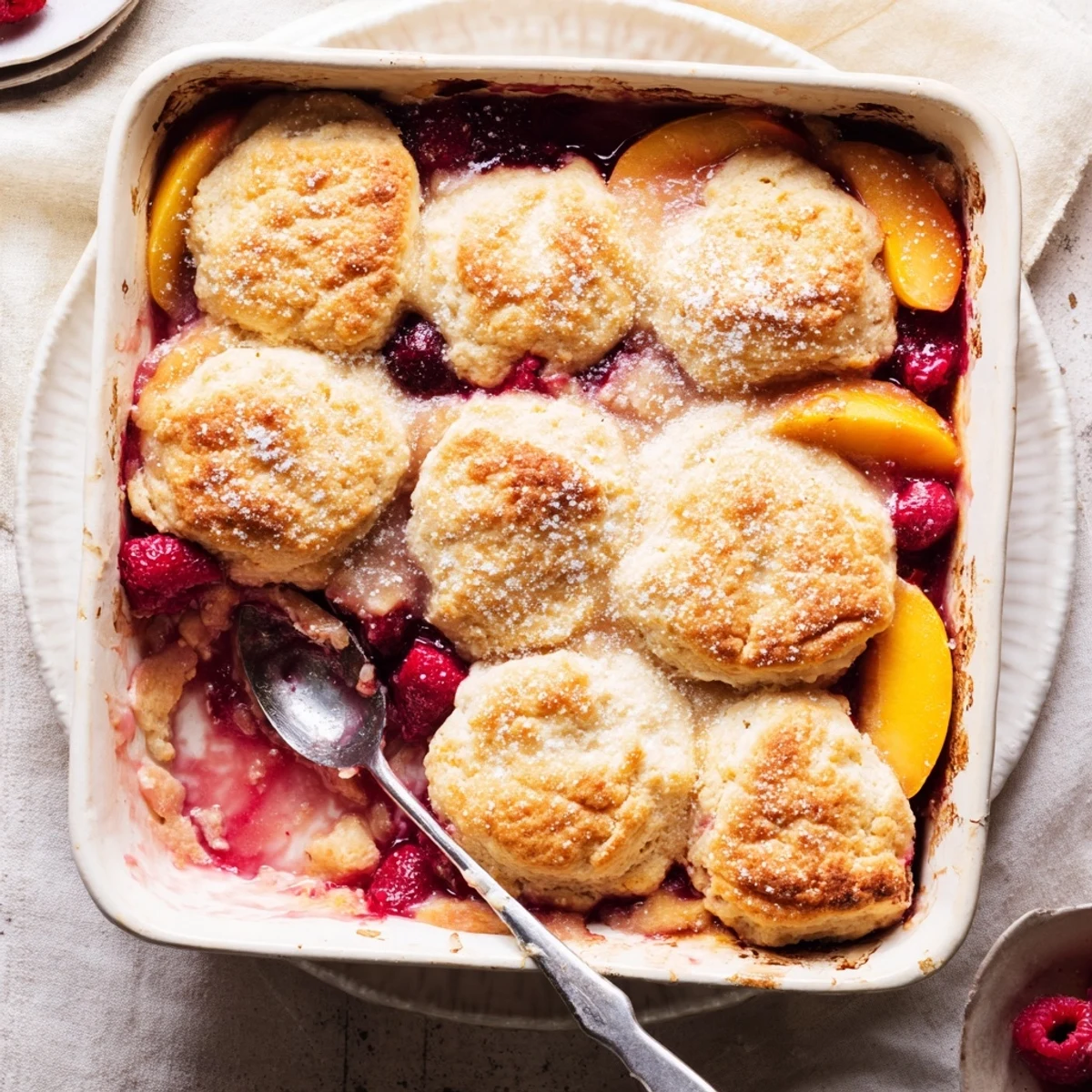 Golden peach and raspberry cobbler with bubbling fruit filling and biscuit topping fresh from oven