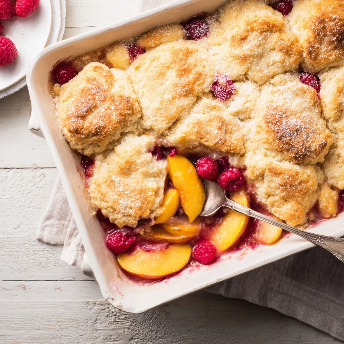 Warm peach and raspberry cobbler served in a baking dish with vanilla ice cream on top