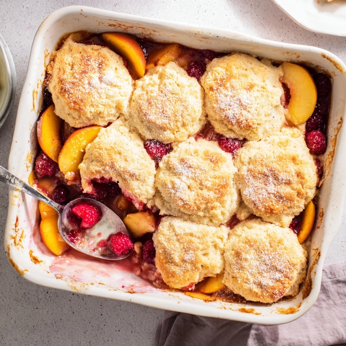 Summer dessert featuring sweet peaches and tart raspberries beneath a buttery golden baked cobbler crust