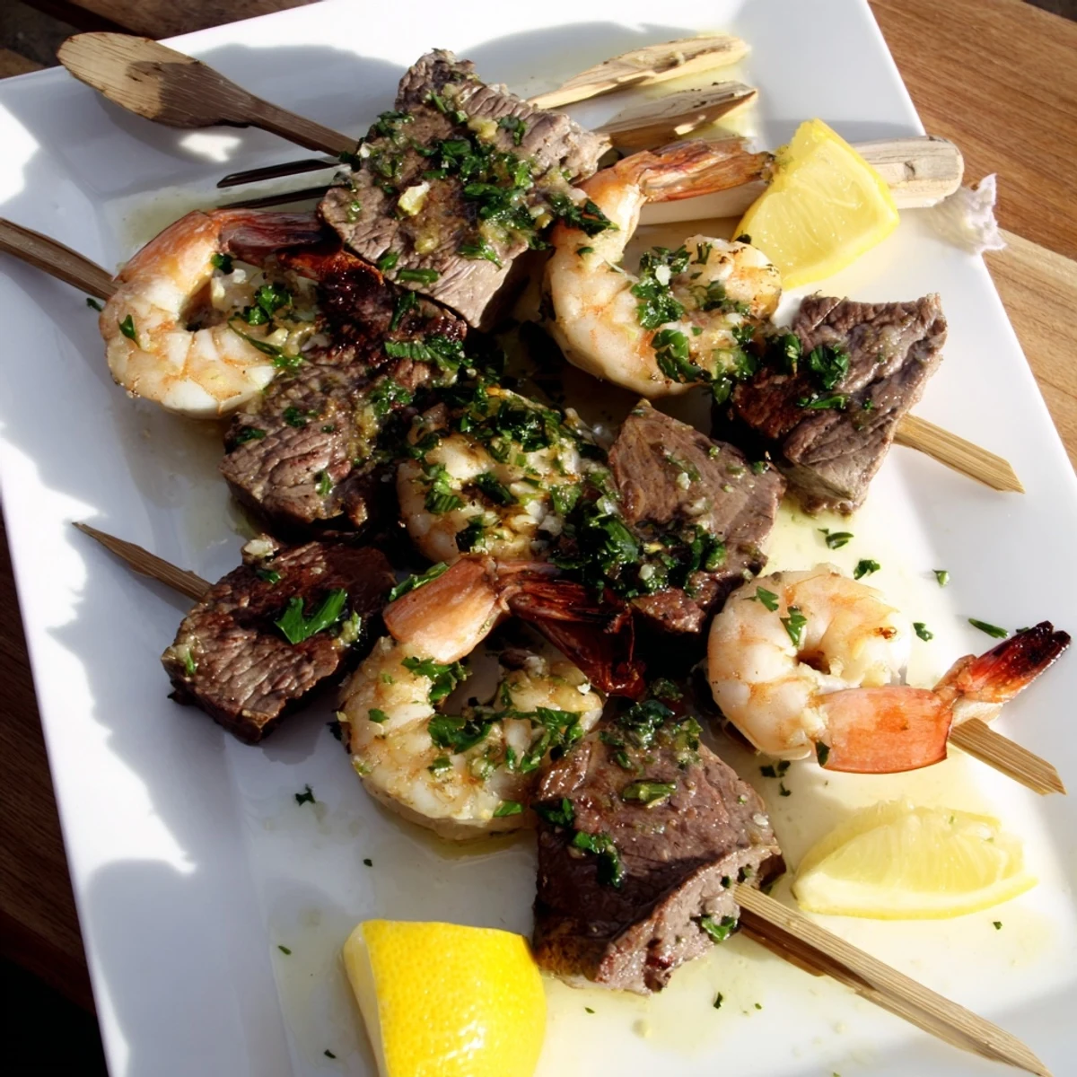 Grilled steak and shrimp skewers drizzled with melted garlic butter sauce on a serving platter