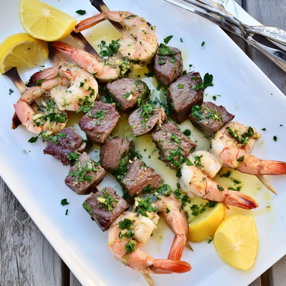 Sizzling surf-and-turf skewers featuring juicy steak cubes and pink shrimp brushed with garlic butter