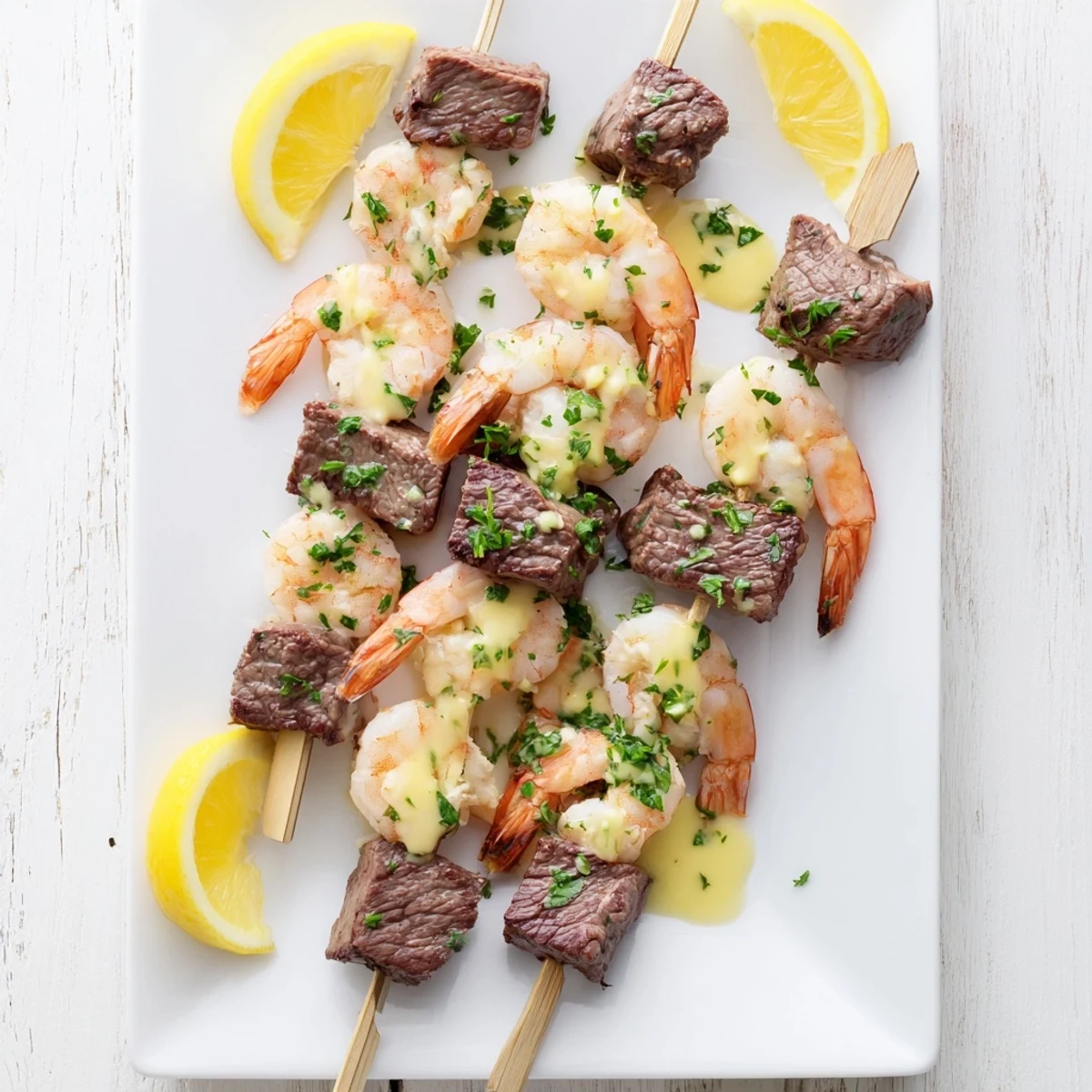 Wooden skewers stacked with marinated steak and succulent shrimp fresh off the grill with parsley garnish