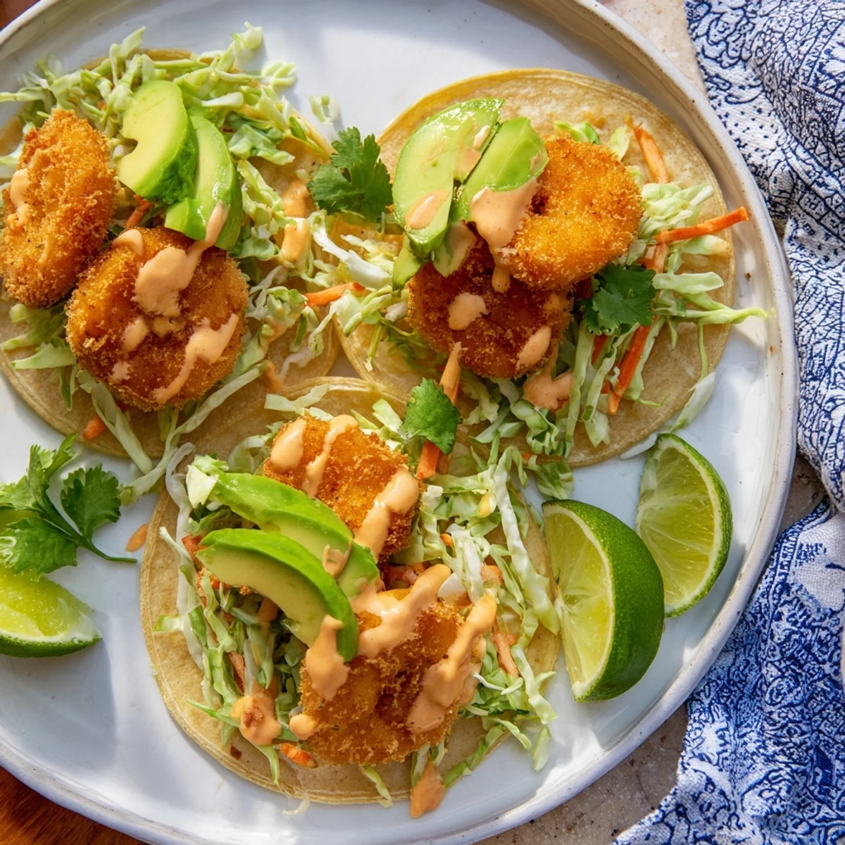 Crispy Bang Bang shrimp tacos topped with colorful cabbage slaw and creamy spicy sauce drizzled over warm flour tortillas