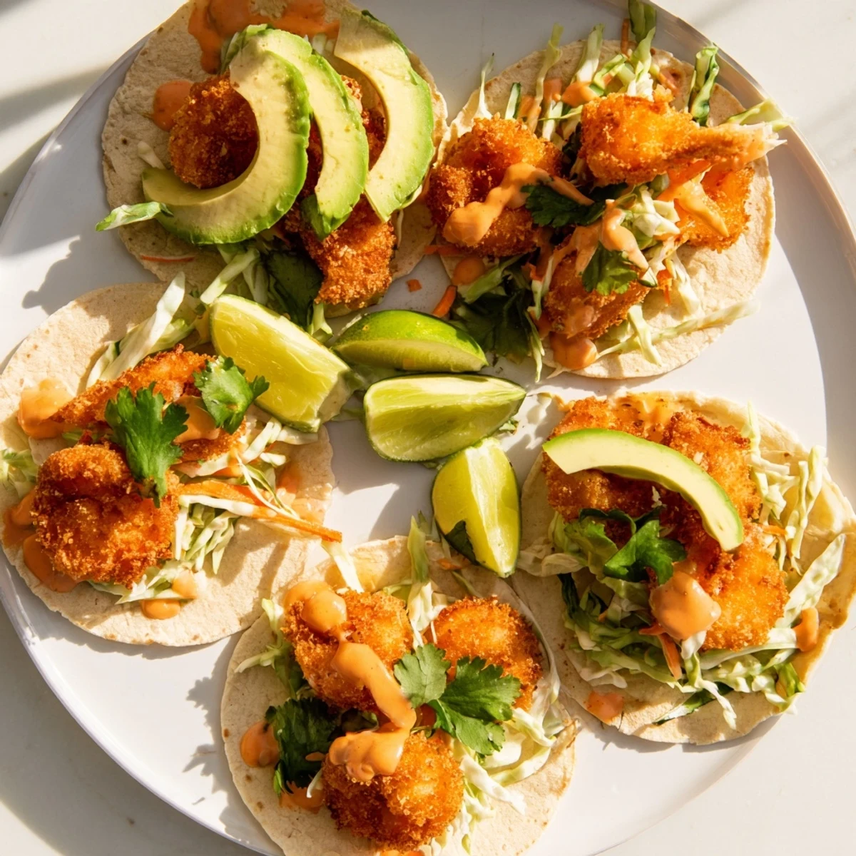 Golden fried Bang Bang shrimp tacos stacked high with fresh avocado slices crunchy cabbage and zesty lime wedges