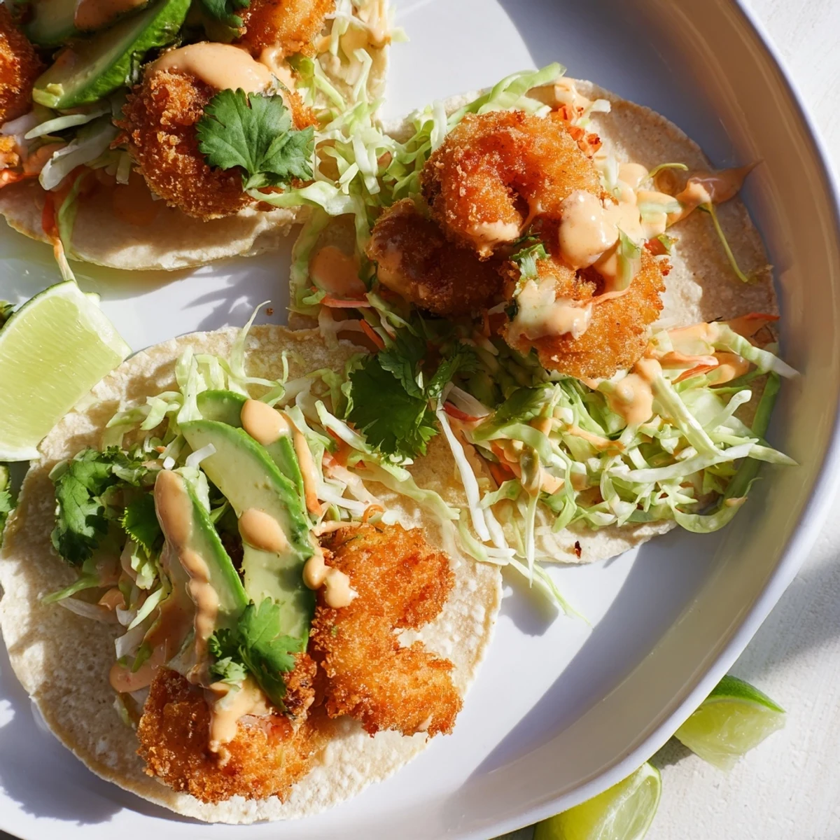 Homemade Bang Bang shrimp tacos featuring panko-crusted shrimp in sweet chili mayonnaise sauce nestled in soft tortillas with vibrant slaw
