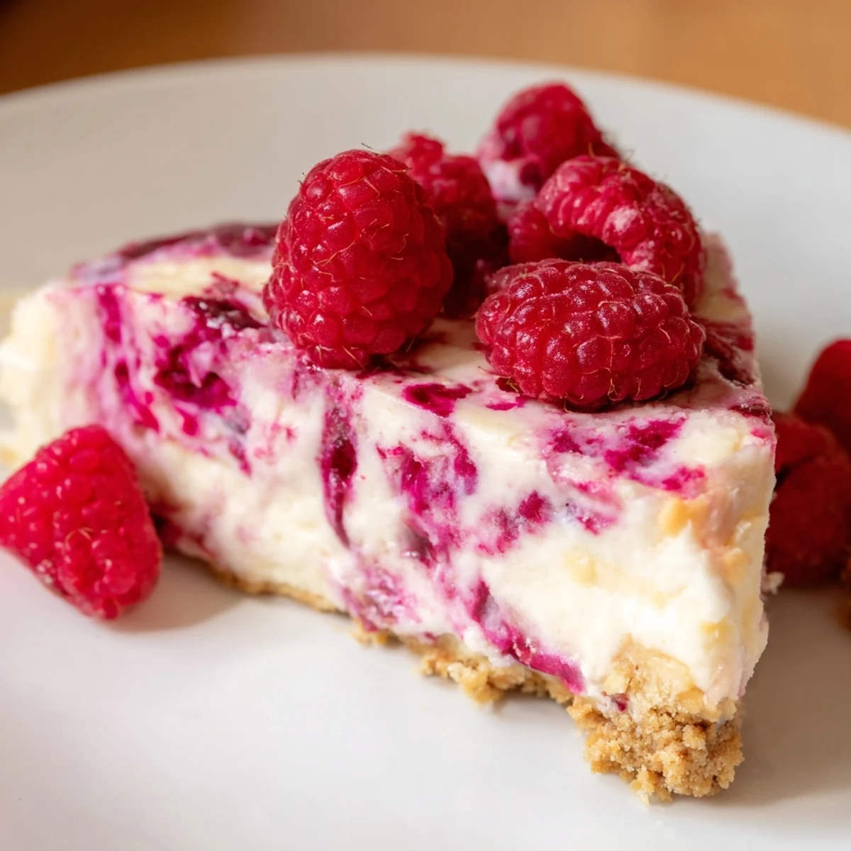 Creamy raspberry cheesecake with swirling red berry ribbons on golden graham cracker crust