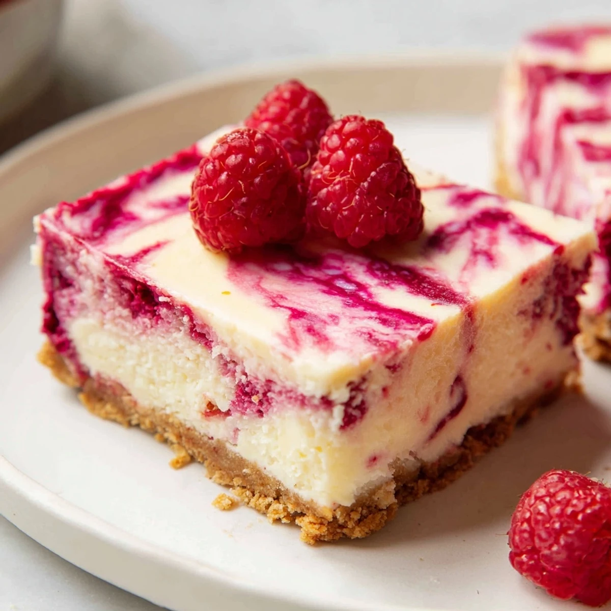 Slice of velvety raspberry cheesecake topped with fresh berries against buttery crumb base