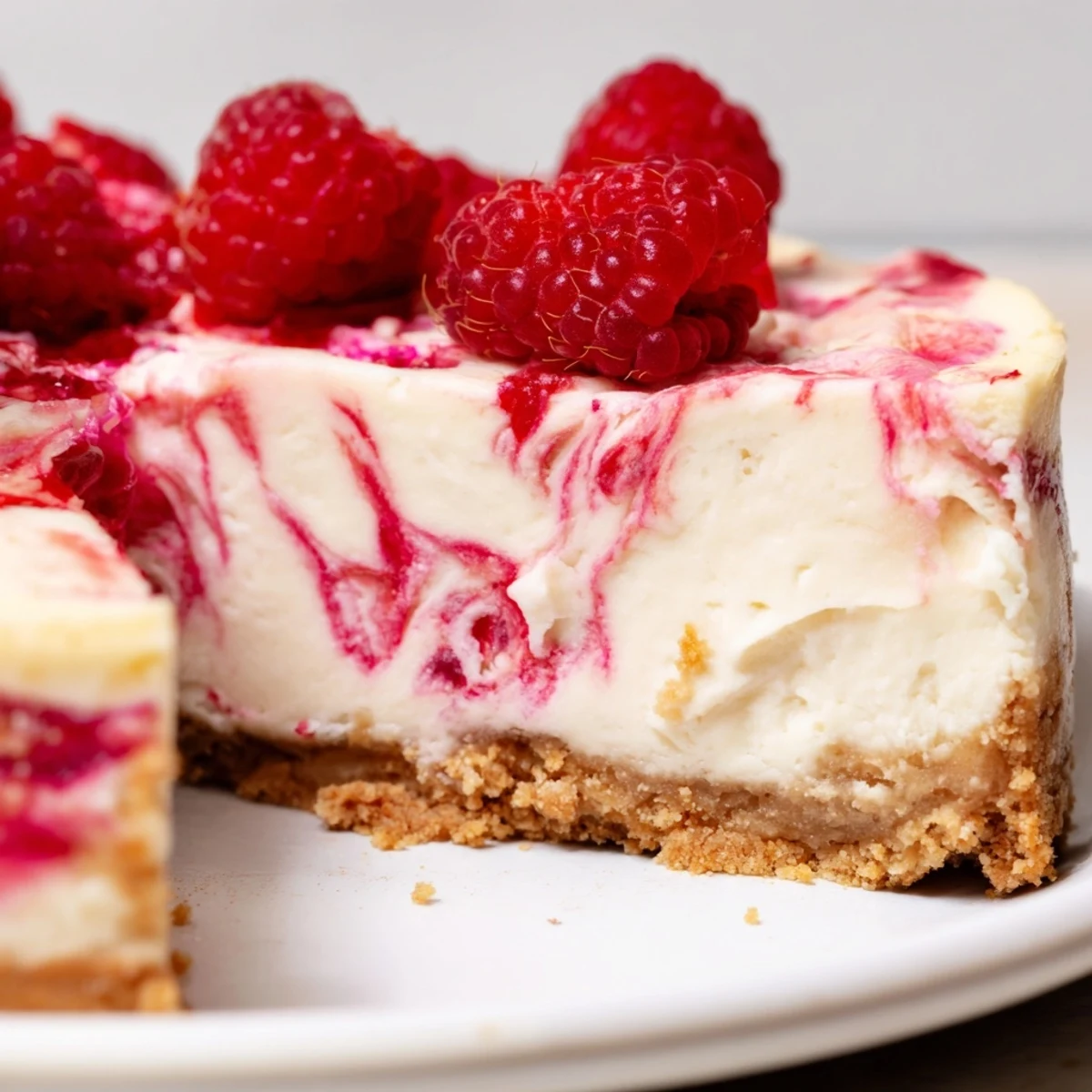 Baked raspberry cheesecake displaying marbled fruit pattern set in crispy graham cracker crust