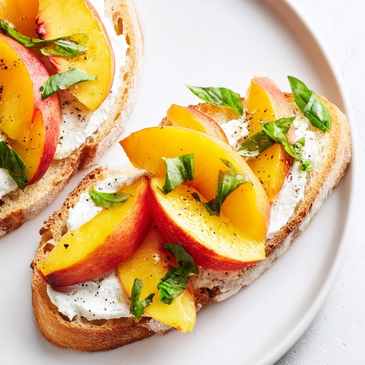 Golden toasted baguette slices topped with creamy whipped ricotta and vibrant fresh peach slices.