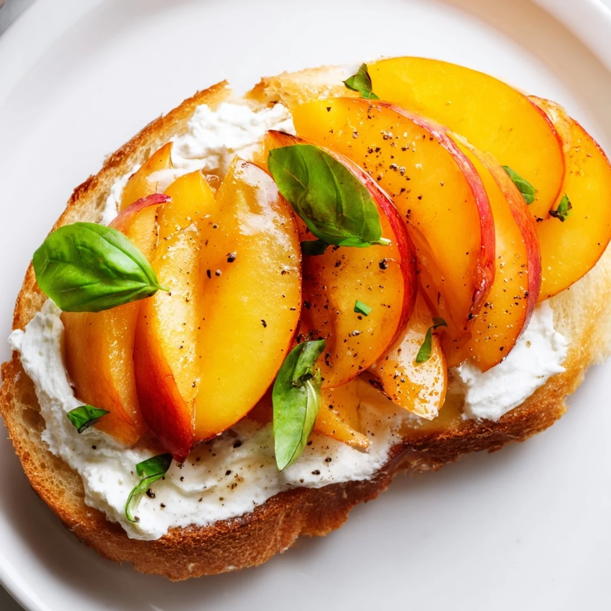 Italian-inspired bruschetta with sweet peaches, honey ricotta, and fresh basil garnish on toasted bread.