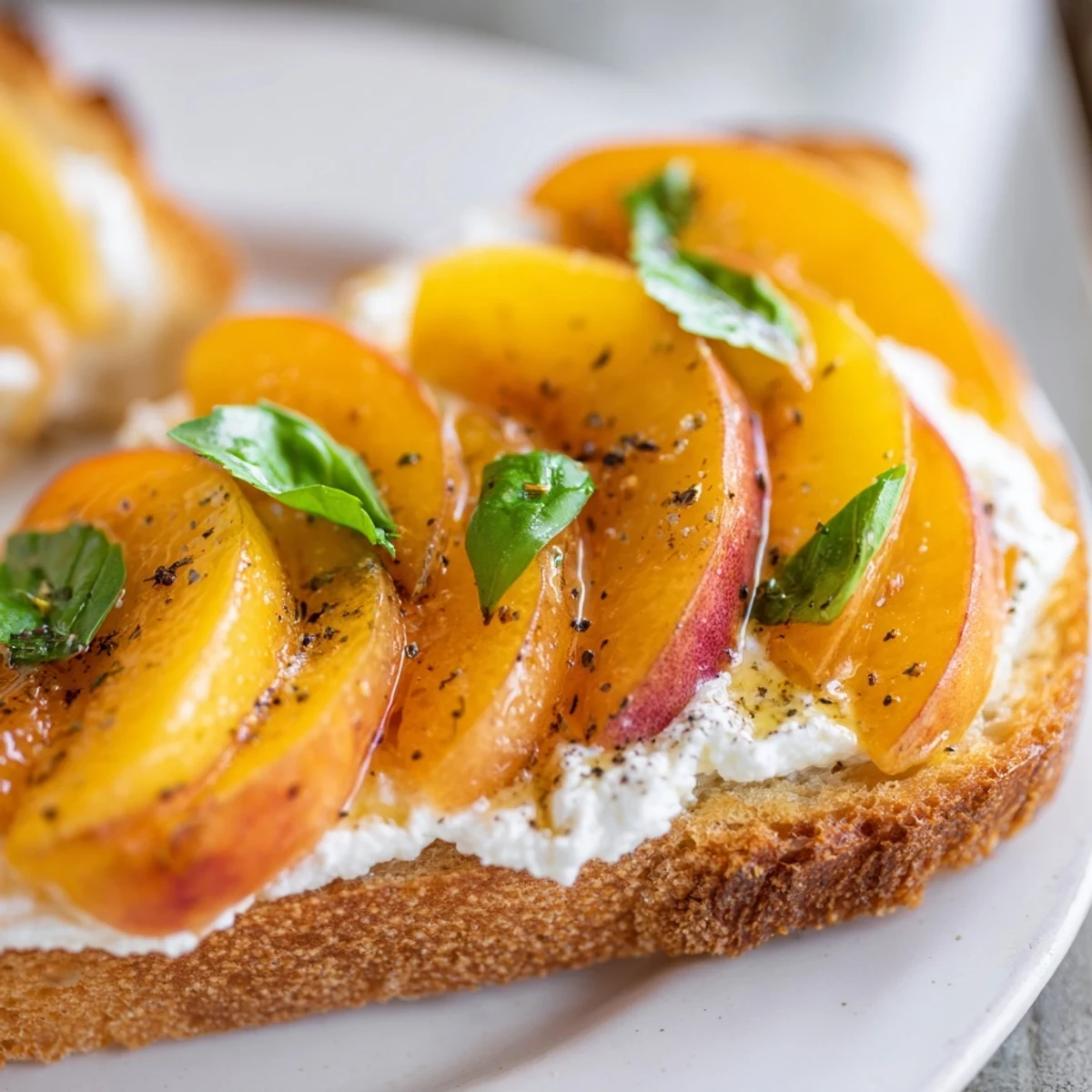 Summer appetizer featuring juicy peaches atop fluffy ricotta spread on crisp rustic sourdough bread.