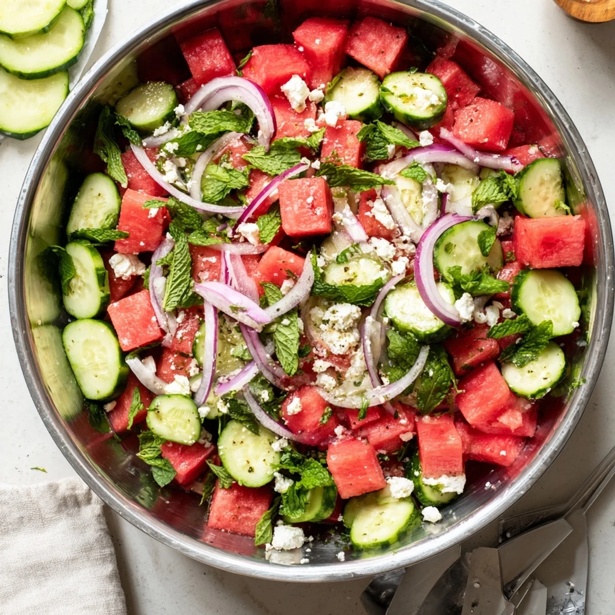Fresh Mediterranean watermelon feta salad featuring crisp cucumber, red onion, and green mint leaves