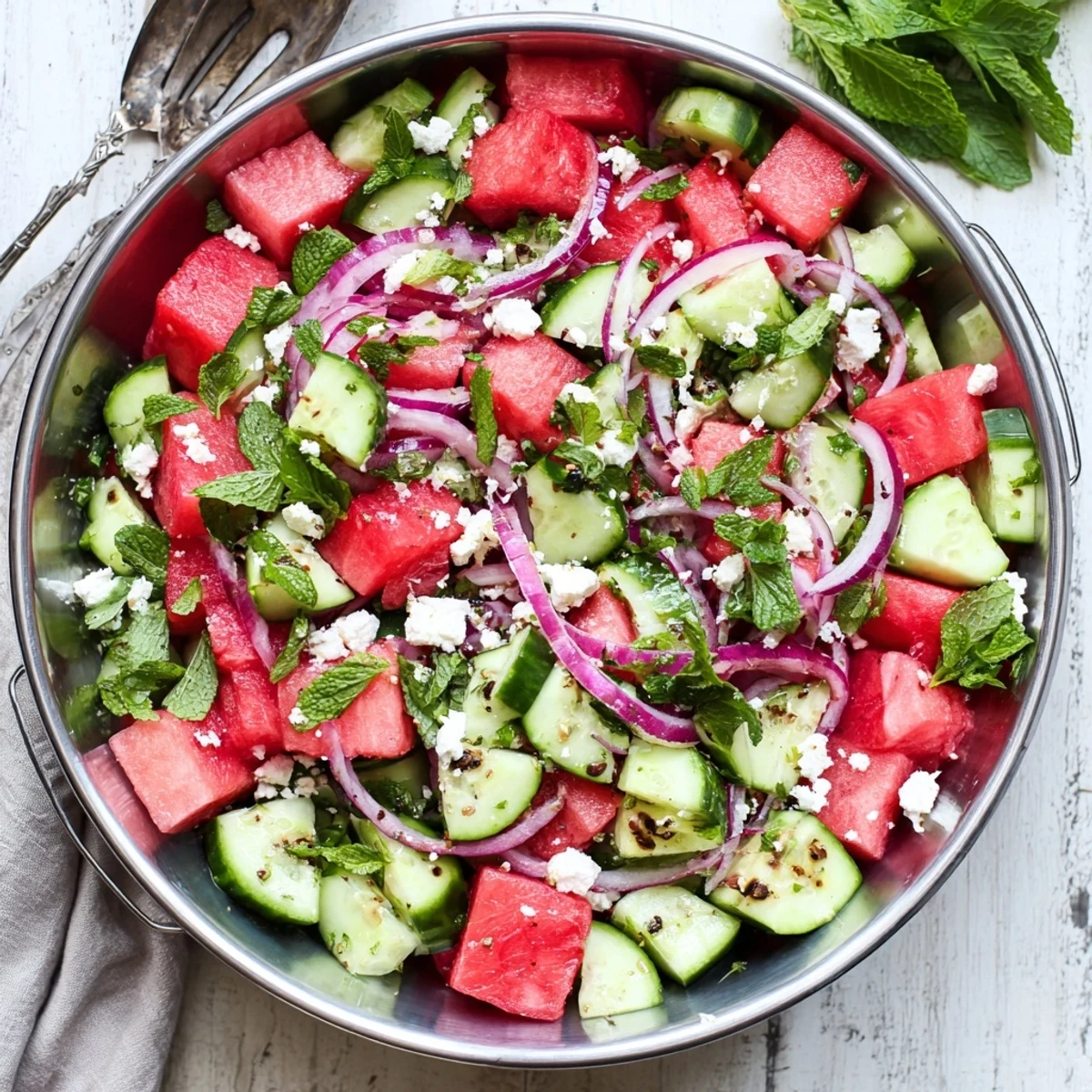 Summer watermelon feta salad topped with creamy feta cheese and fresh mint on a rustic wooden table