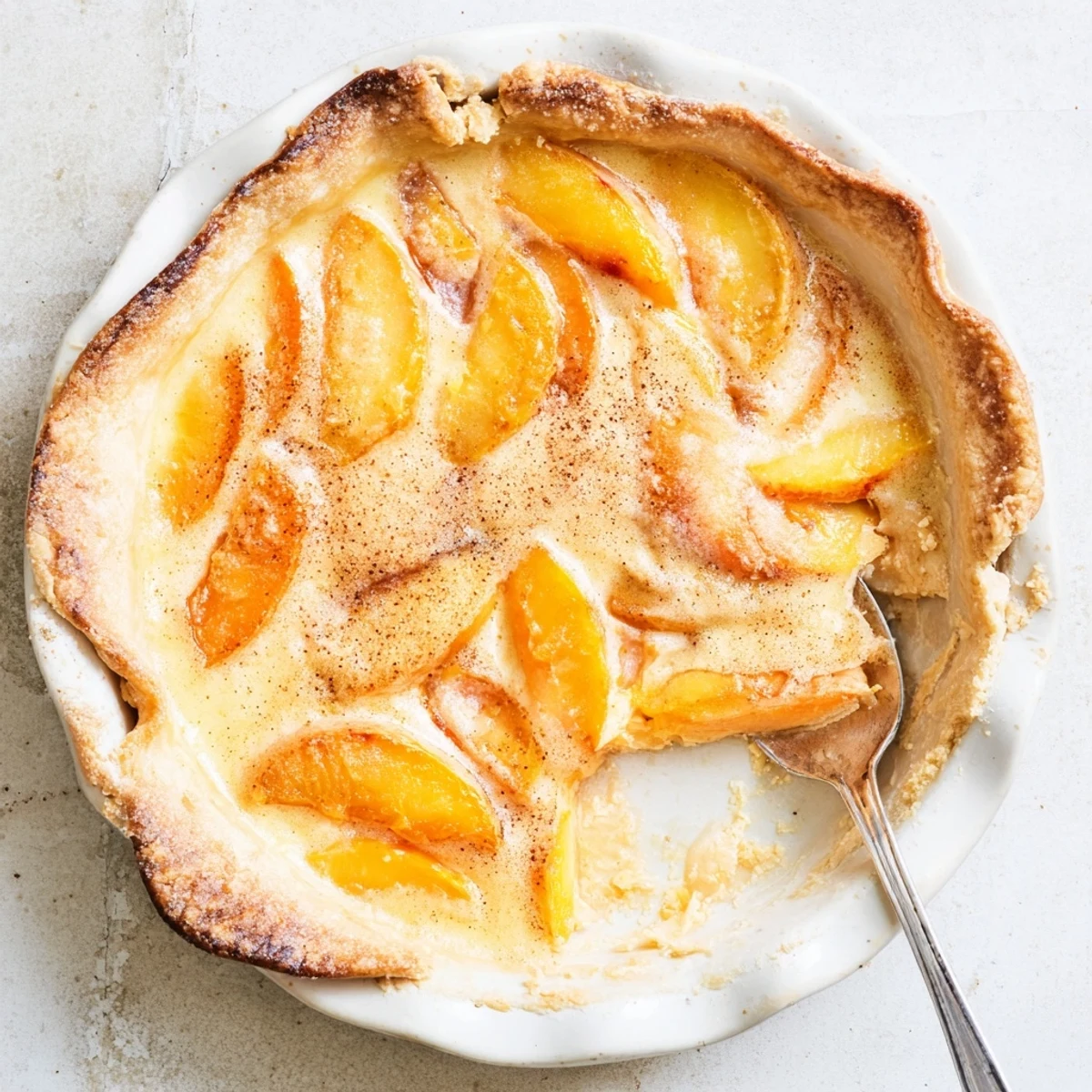 Golden peach custard pie with fresh sliced peaches in creamy vanilla custard filling