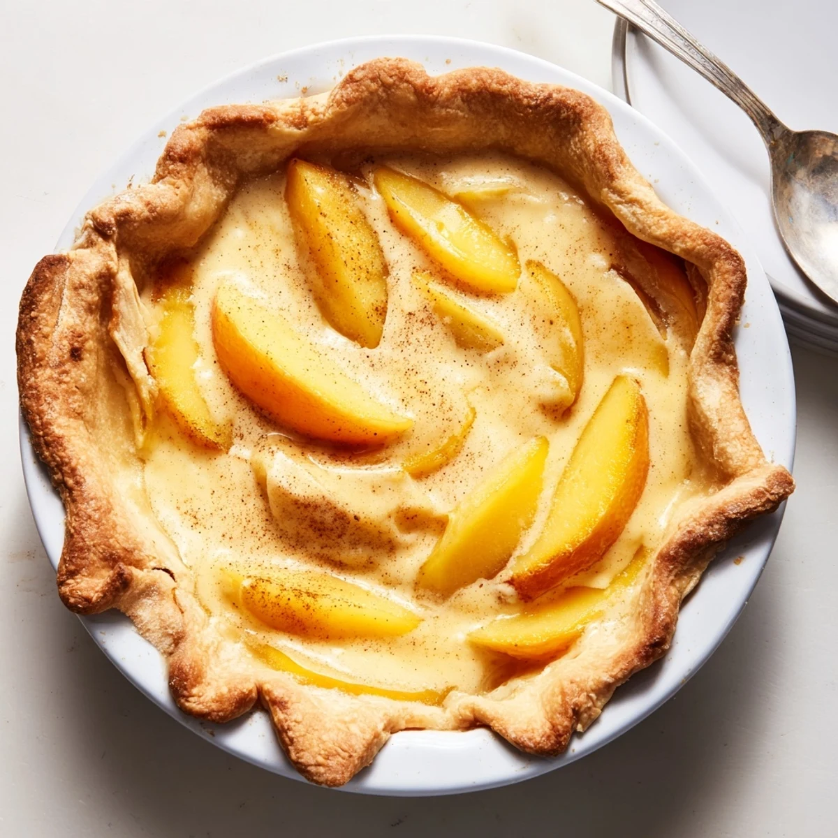 Baked peach custard pie featuring silky egg custard topped with nutmeg and flaky crust
