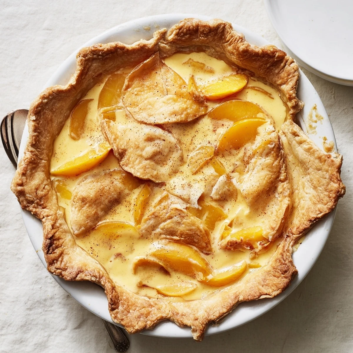 Slice of peach custard pie showcasing tender peaches suspended in smooth golden custard