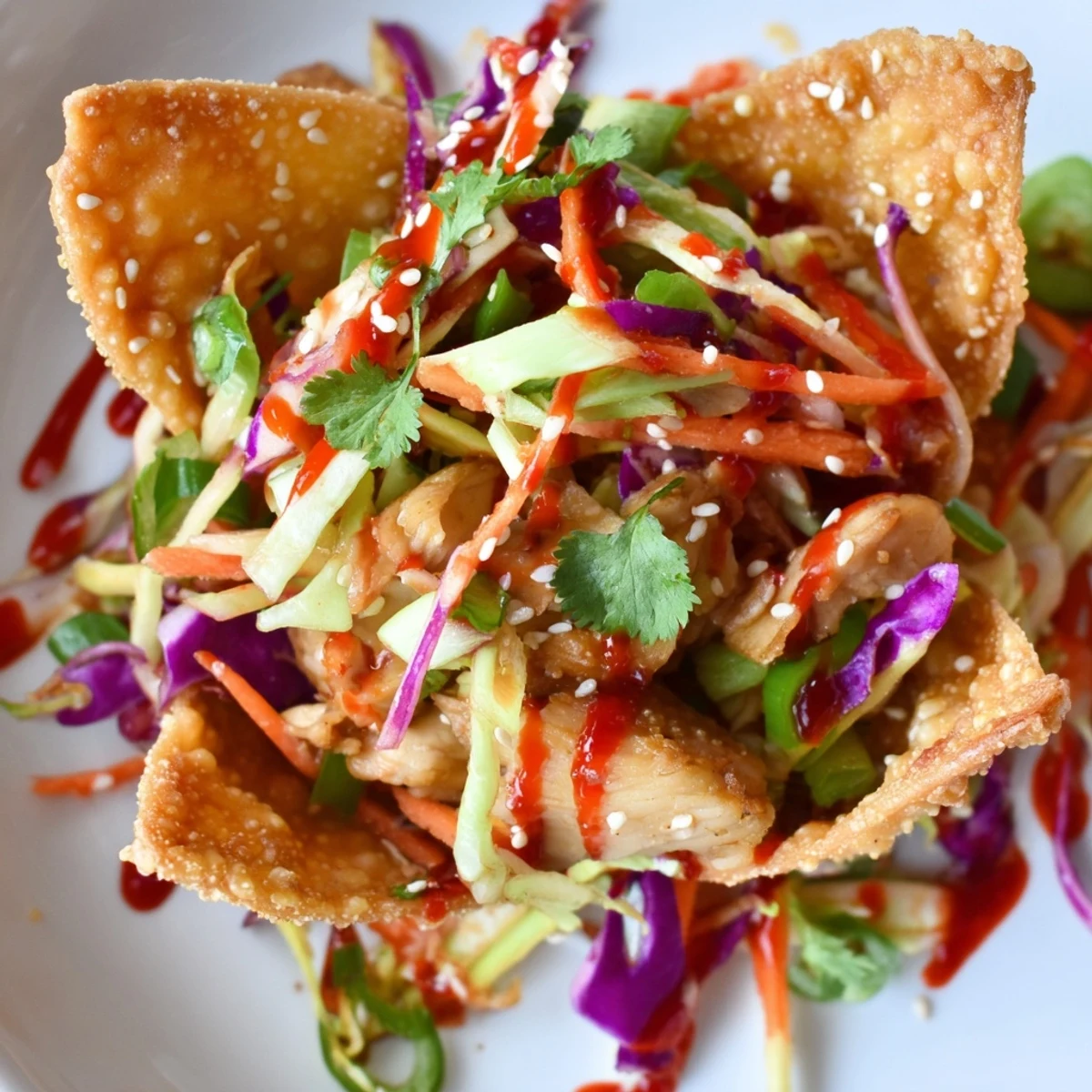 Golden crispy chicken wonton tacos topped with colorful Asian slaw and sweet chili sauce drizzle