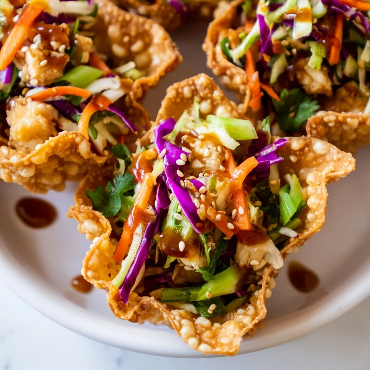 Fusion appetizer featuring crunchy wonton shells filled with savory chicken and tangy cabbage slaw