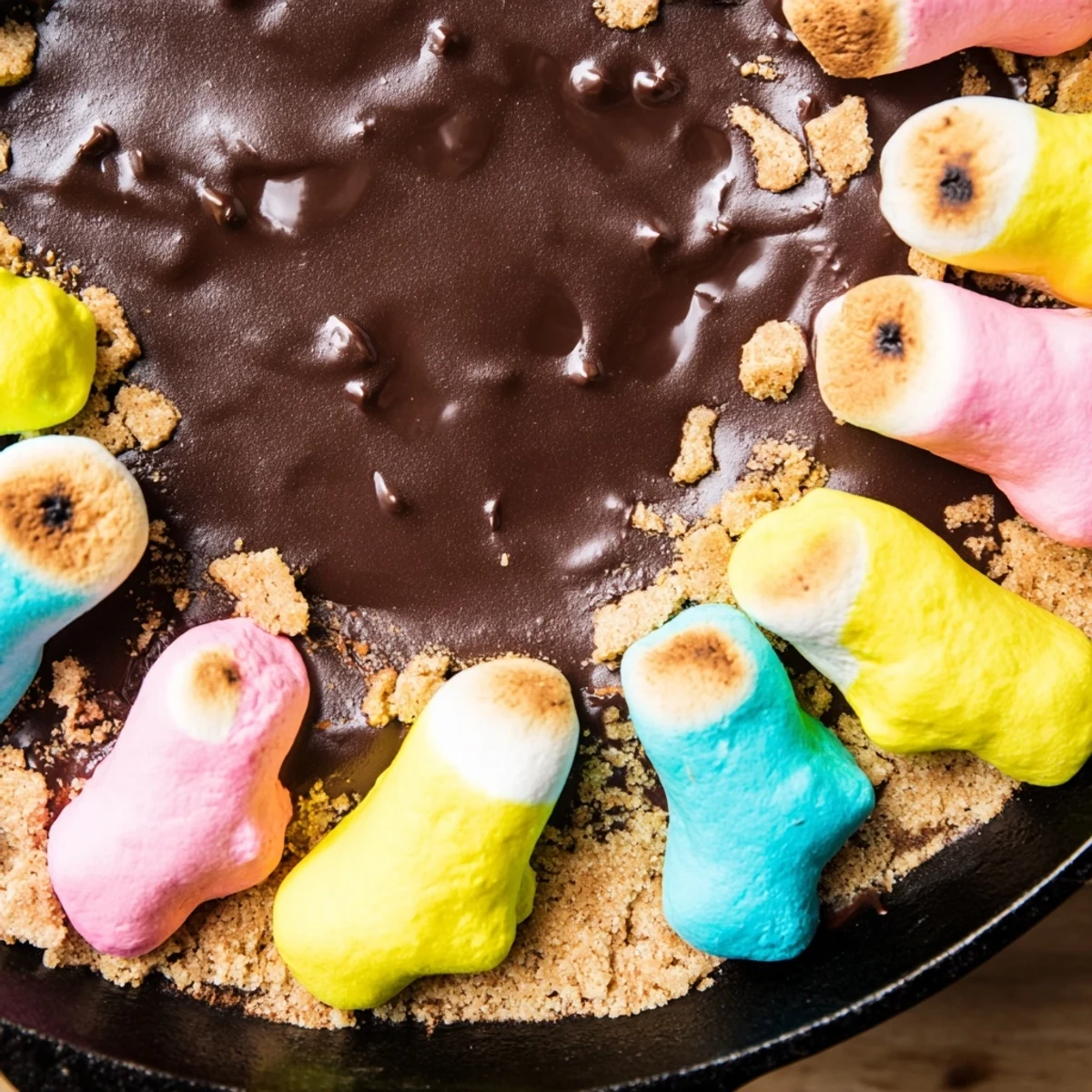 Golden toasted Peeps skillet smores with melted chocolate pooling around colorful marshmallow chicks