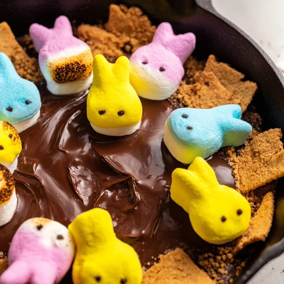 Peeps skillet smores bubbling in a cast iron pan with graham crackers ready for dipping