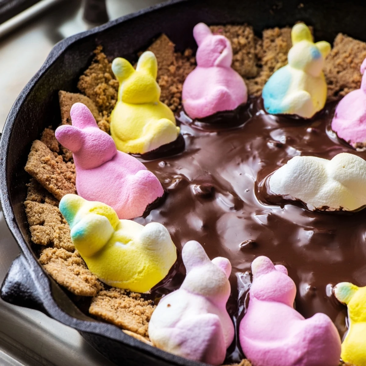 Colorful marshmallow Peeps atop melted chocolate in this easy skillet smores dessert shared with friends