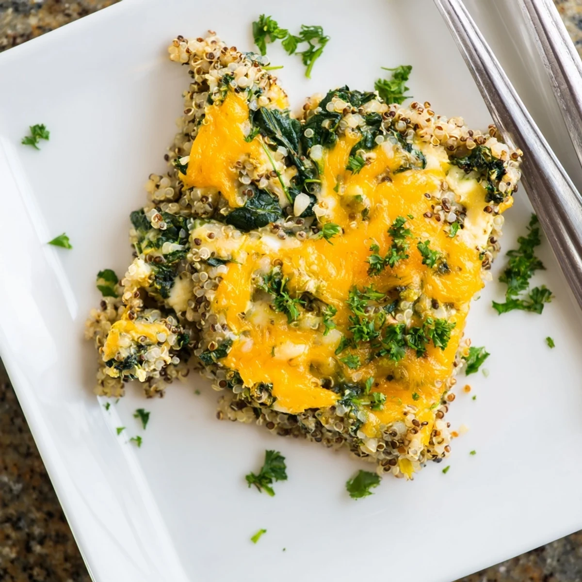 Wholesome quinoa spinach and egg bake featuring fluffy quinoa with wilted spinach and melted cheddar