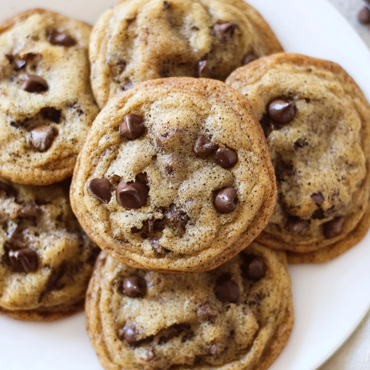Golden Vietnamese cinnamon chocolate chip cookies with melted chocolate centers on a white plate