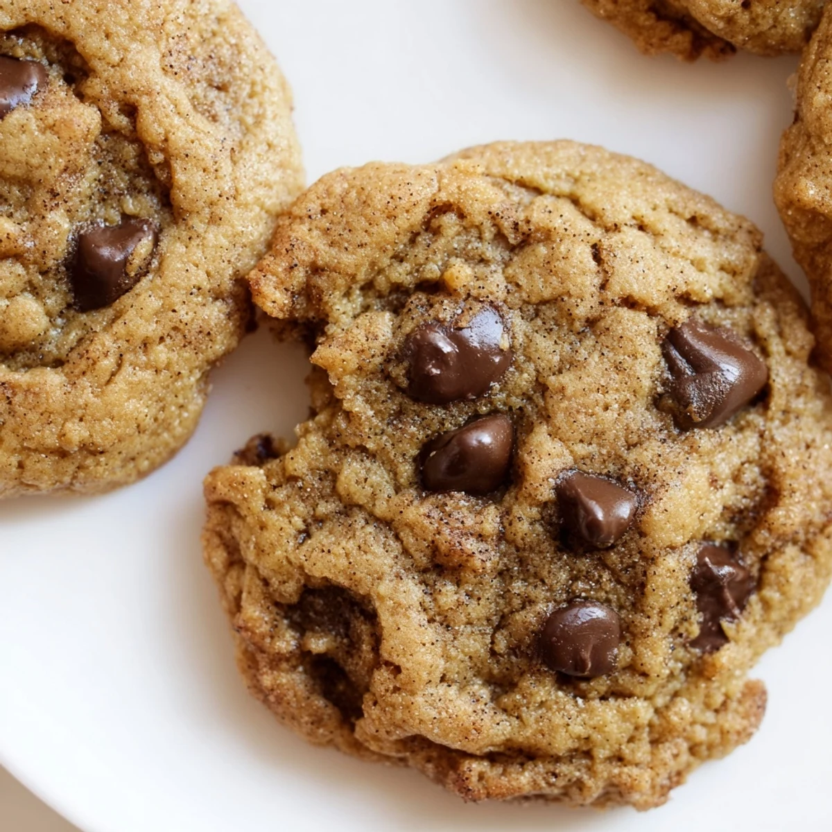 Freshly baked Vietnamese cinnamon chocolate chip cookies stacked with visible spice specks throughout