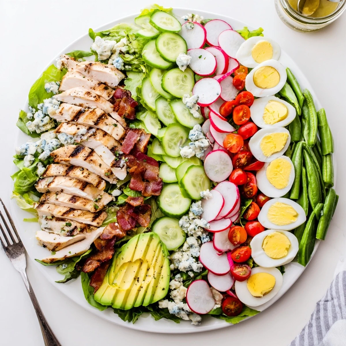 Fresh Spring Cobb Salad arranged with chicken, eggs, avocado, and crisp seasonal vegetables on a white serving platter