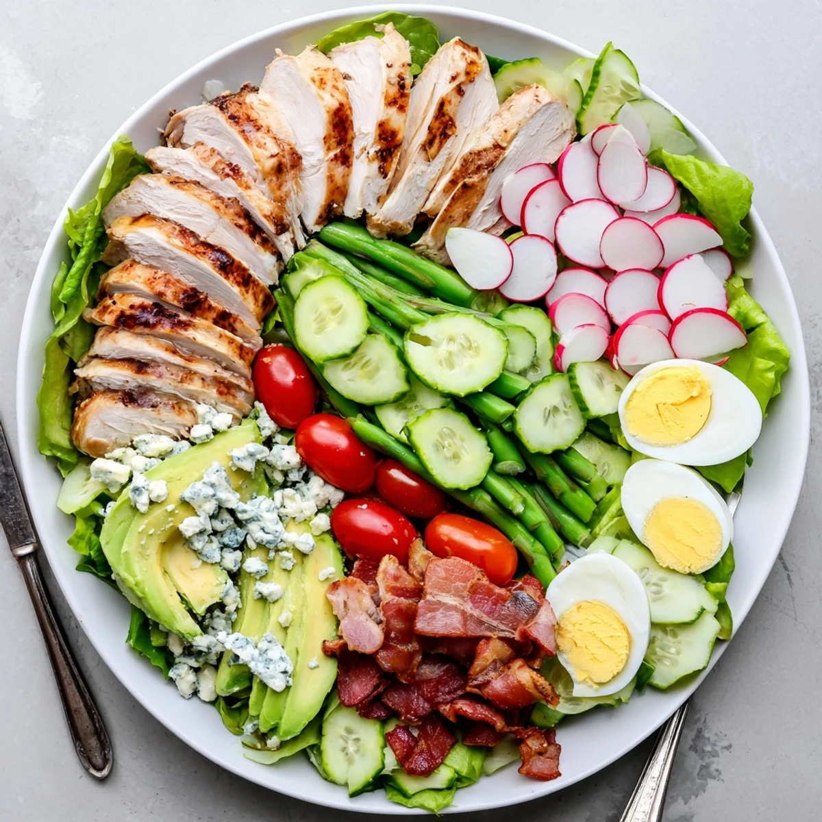 Colorful Spring Cobb Salad featuring grilled chicken, hard-boiled eggs, bacon, radishes, snap peas, and creamy blue cheese topping